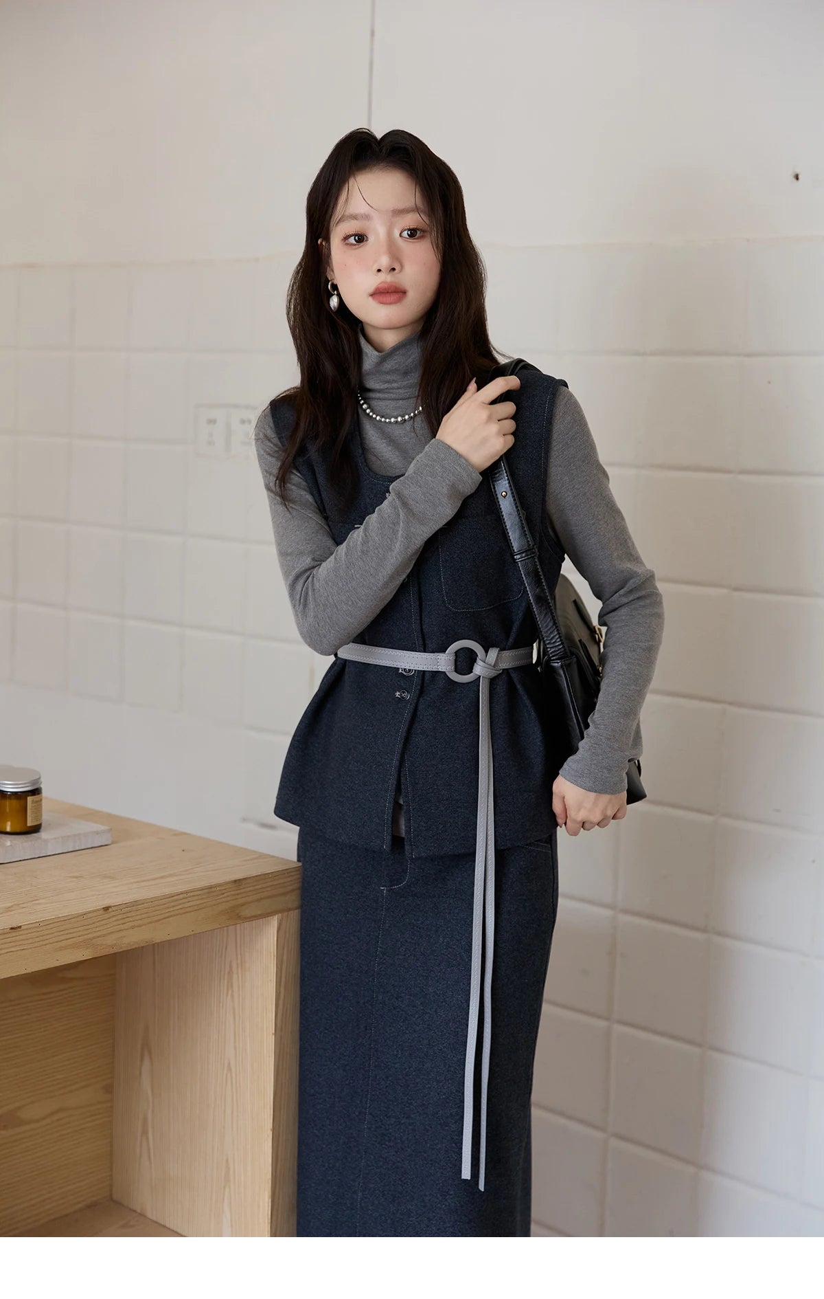 MISHOW Blue Three-piece Suit for Women 2025 Autumn Sleeveless Vest Straight Midi Skirt Slim Knit Tops Skirt Set  MXE49T1421