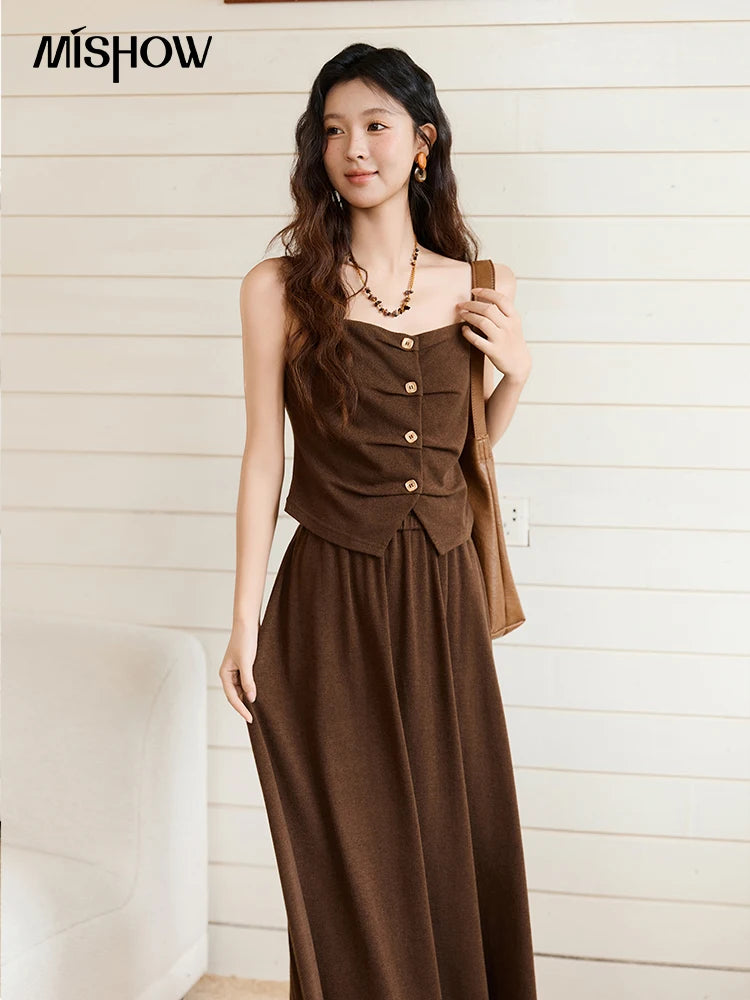 MISHOW Camisole Skirt Suit 2025 Retro Dark Brown Pleated Design Tank Top A-line Skirt  Autumn Women's Clothing Set MXE46T1378