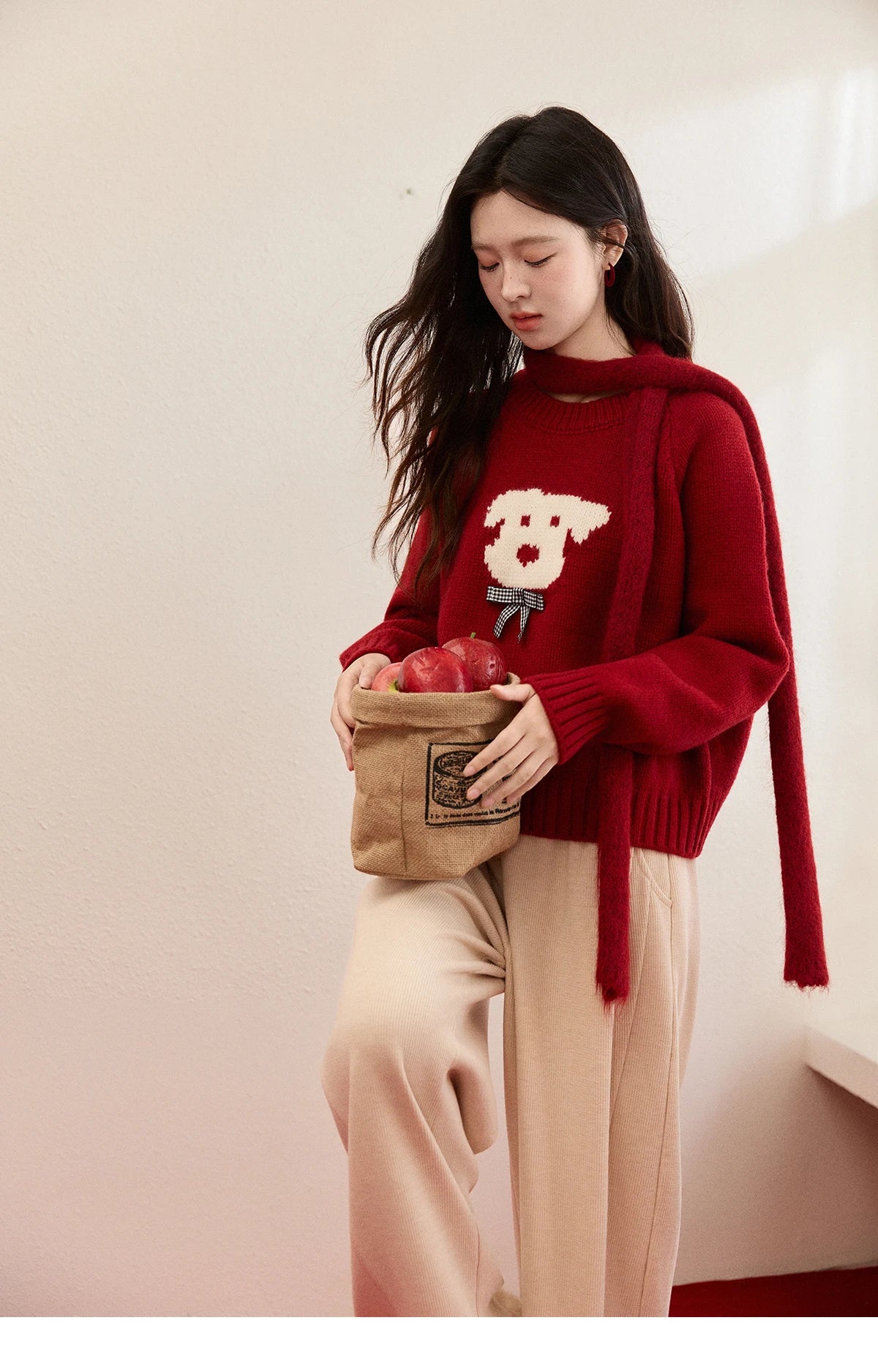 MISHOW New Year Women's Puppy Jacquard Crew Neck Knit Sweater 2026 Spring Loose Casual Red Sweater Excluding Scarf MXE93Z2932