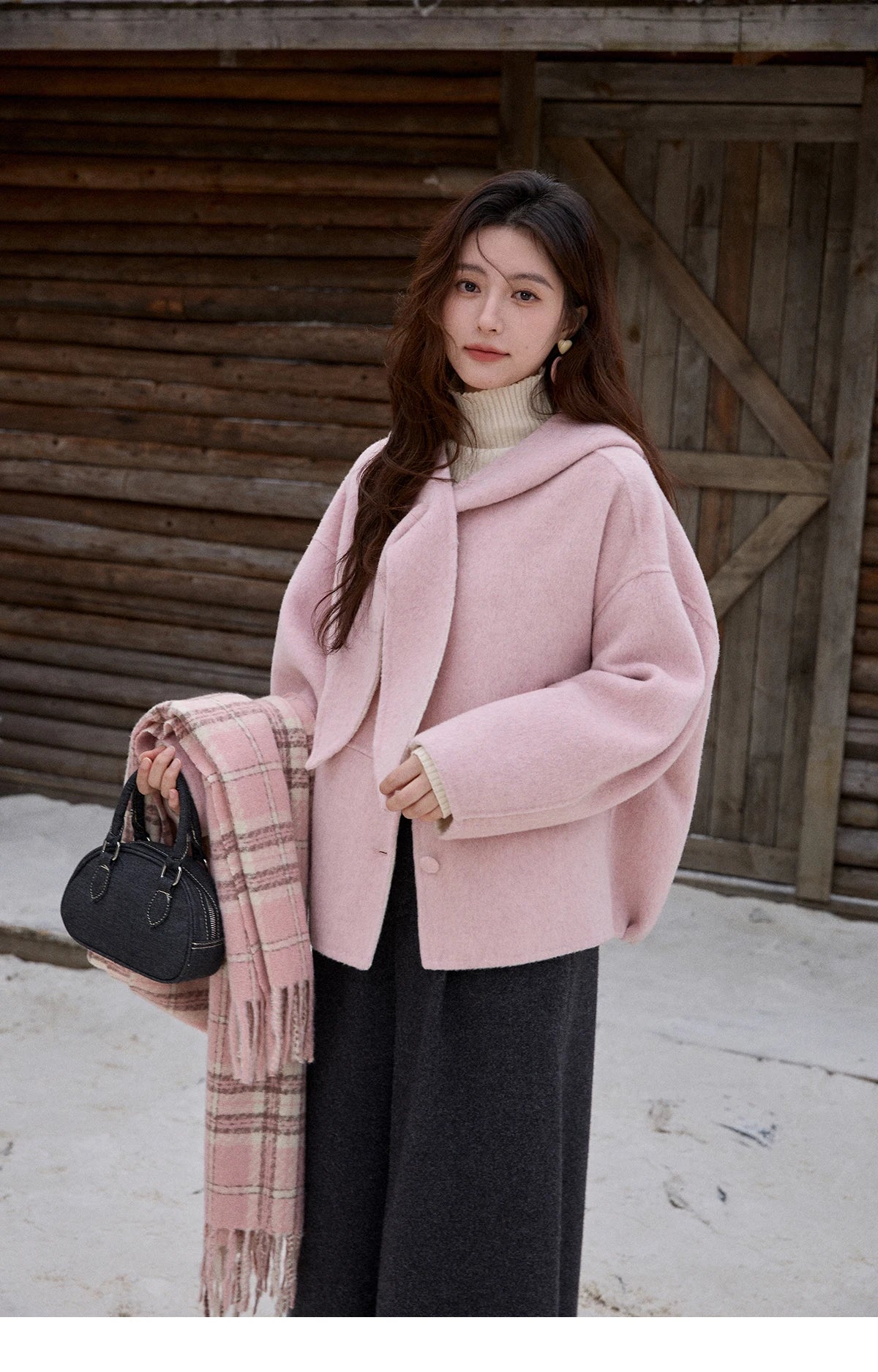 MISHOW Pink Wool Double-sided Woolen Coat Winter Hooded Bow Tie Strap Coats Loose Dropped Sleeves Coat Office Lady MXE91W1010