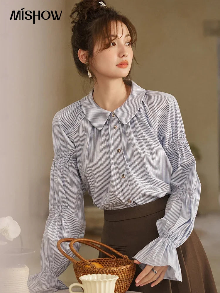 MISHOW Women's Blue Stripe Shirt 2024 Spring Fashion French Retro Bubble Sleeves Doll Neck Loose Tops Office Lady MXD12C0163