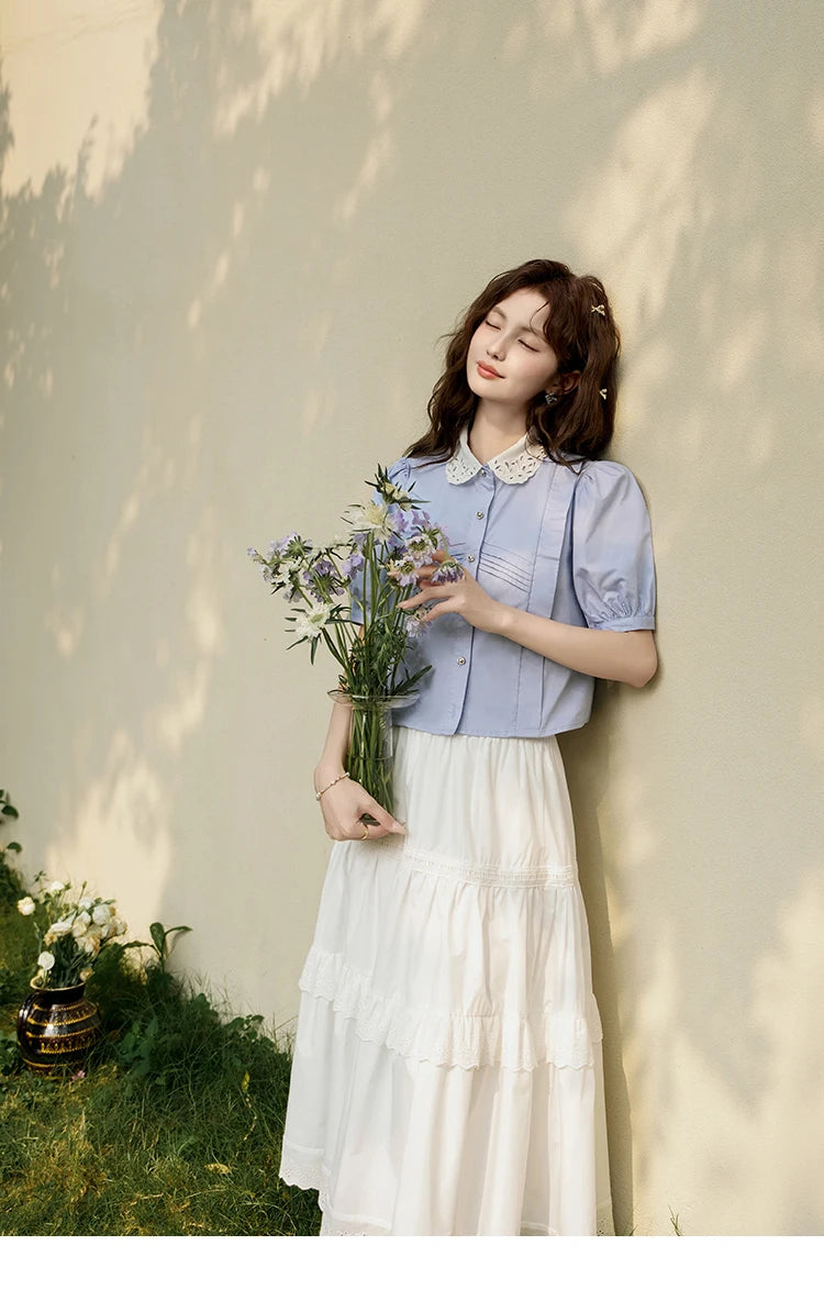 MISHOW Women's Summer Button Up Shirt Puff Sleeve Blouse Lace Lapel French Retro Contrast Top Korean Popular Clothes MXD26X1451