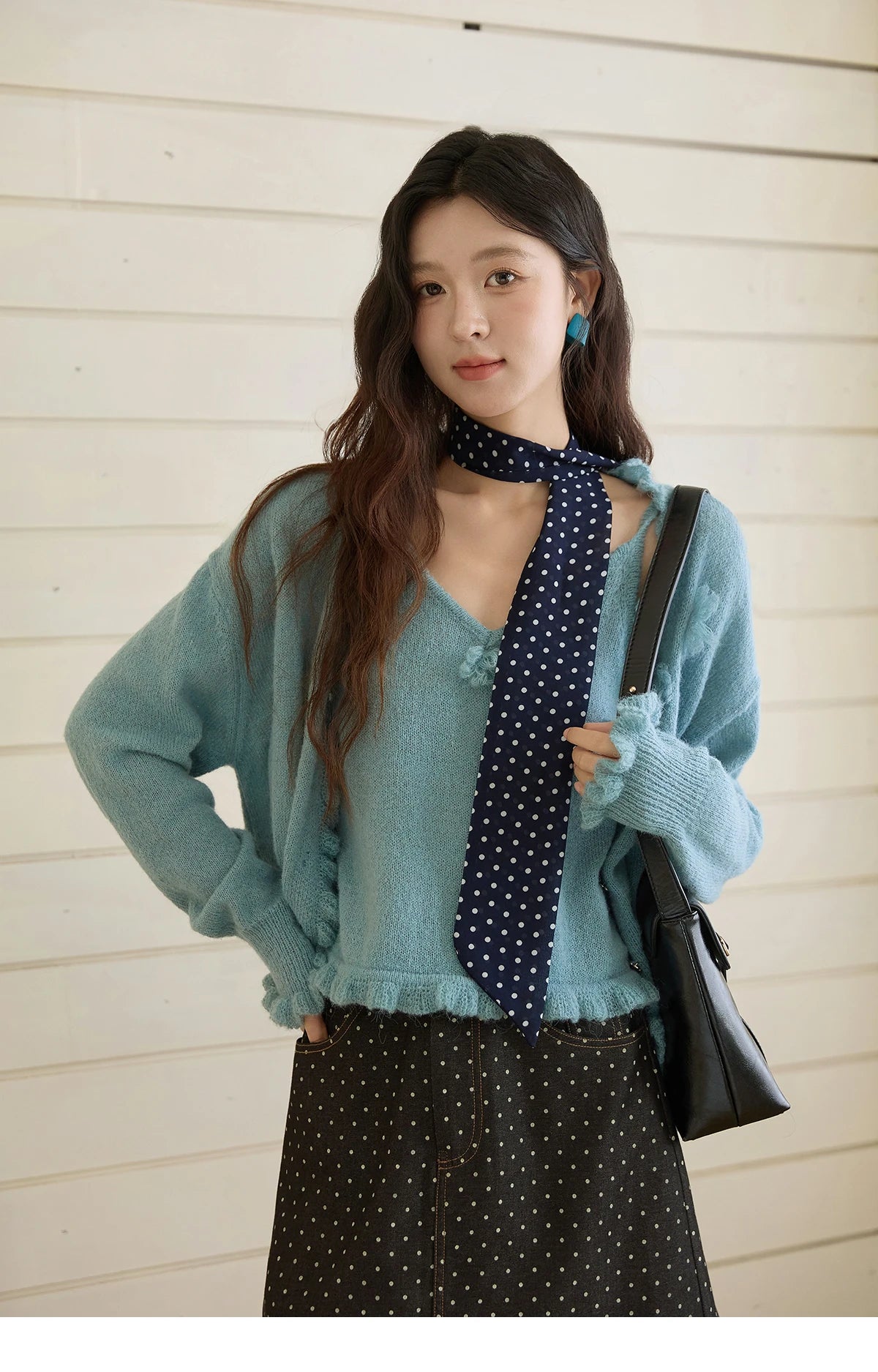 MISHOW Blue Knitted Cardigan Strap Two Piece Set 2025 Autumn Sweater Cardigan Lotus Leaf Edge Flower V-neck Camis Set MXE45T1377