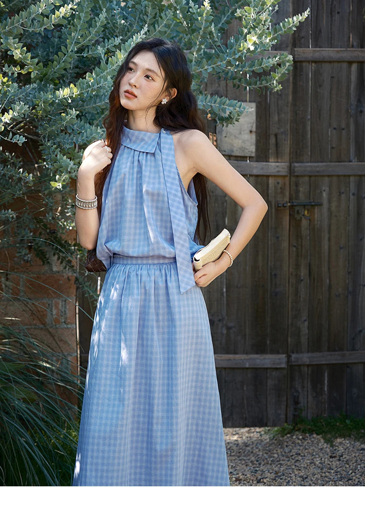 MISHOW Women's 2 Piece Set 2025 Summer Female Vacation Fashion Plaid Hanging Neck Button Top A-line Half Skirt Set MXE39T0711