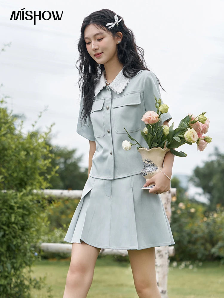 MISHOW French Fragrance Top Pleated Skirt Separately 2024 Lapel Neck Single Breasted Shirt High Waist A-line Skirts MXD24C0201