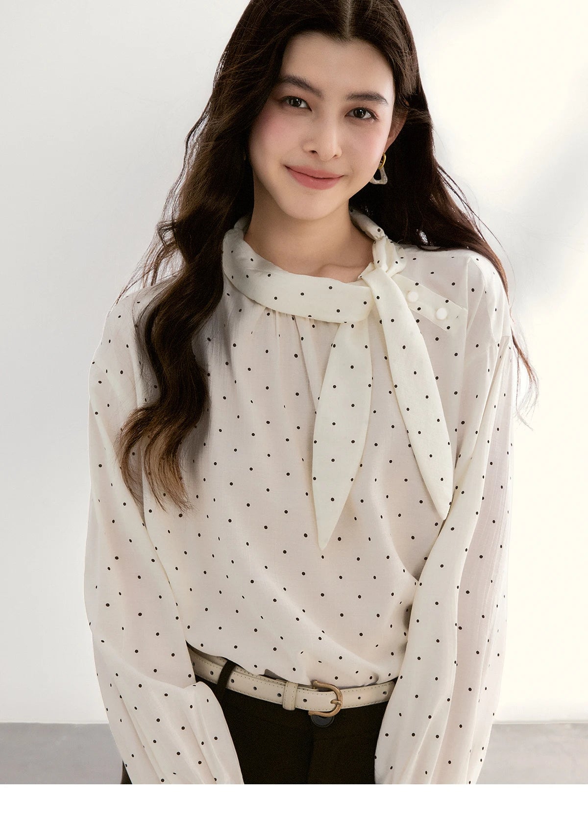 MISHOW Women's White Polka Dot Blouse Spring Bow Tie Neck Sheer Chiffon Blouses Casual Long Sleeve Top Office Lady MXF13X2531