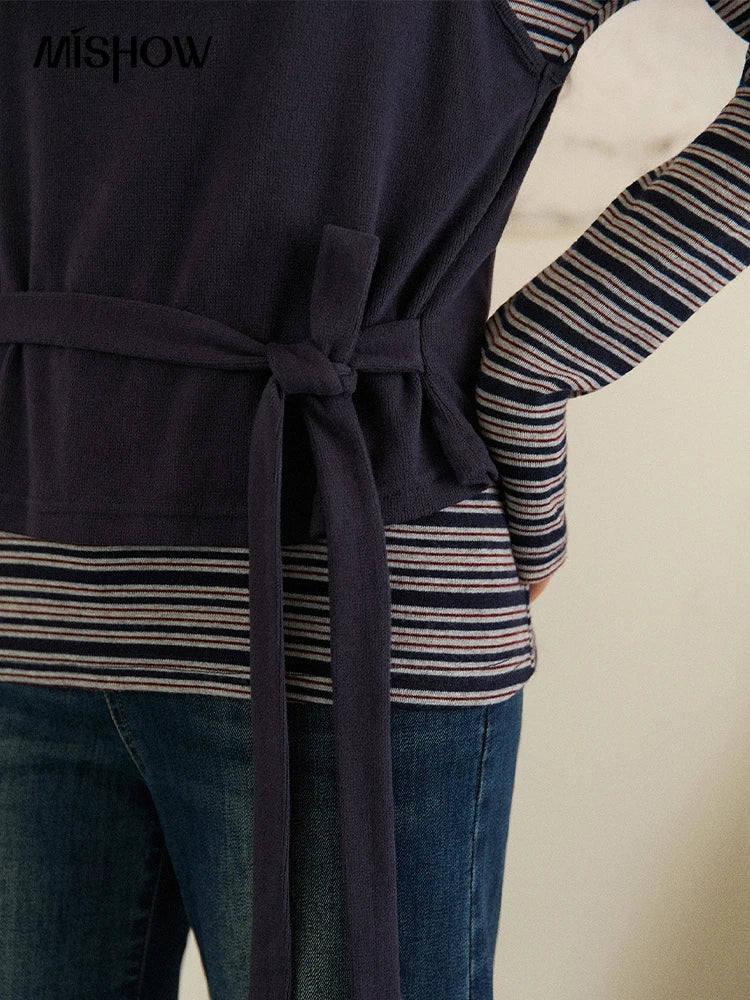 MISHOW Women's Two-Piece Set, 2025 Winter New Retro Casual Round Neck Long Sleeve Striped Top with Tie-Waist Camisole MXE87T1430