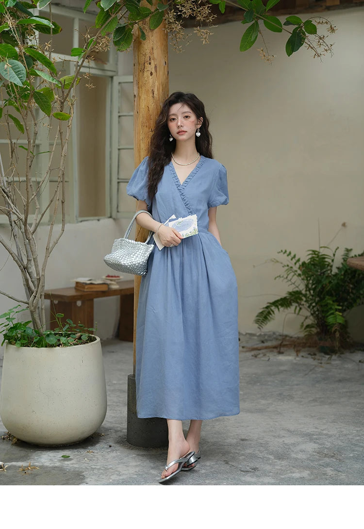 MISHOW Summer Fashion V-neck Dress Woman 2025 New Puff Sleeve Sashes Elegant Pocket Vacation Dresses Ladies Clothing MXE39L2381