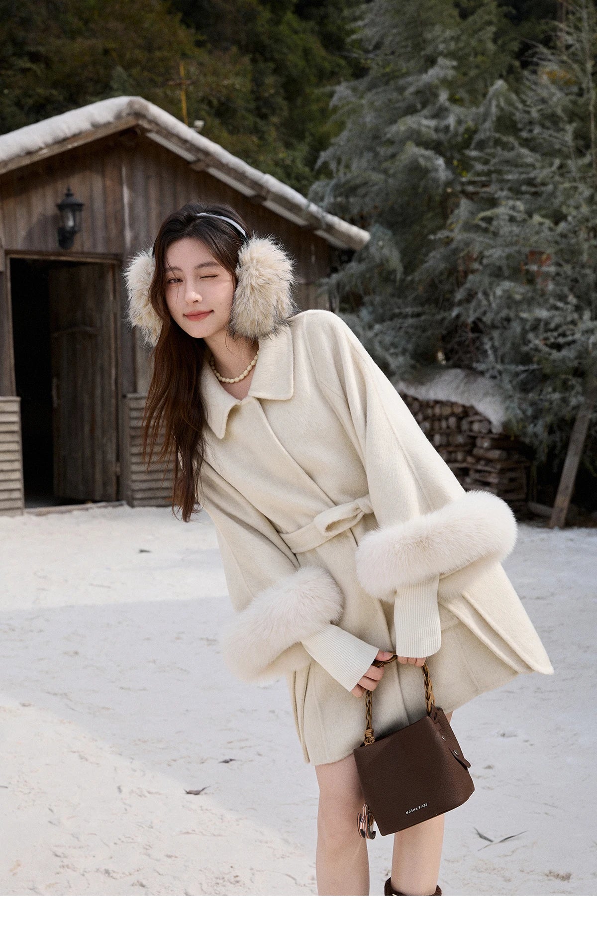 MISHOW 100% Wool Cape Double-sided Woolen Coat 2025 Winter Elegant Detachable Furry Cuffs Warm Lapel Ponchos Coats MXE90W0947