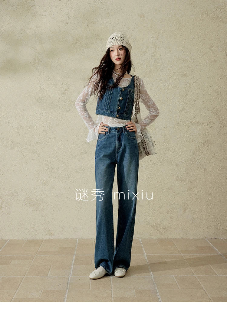 MISHOW Retro Denim Vest Coat for Women Spring Summer 2025 Deep Blue V-neck Short Versatile Outer Outfit U-neck Ccoats MXE16W0750