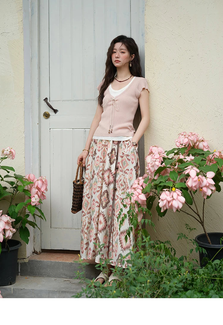 MISHOW Women's Geometric Print Half Skirt 2025 Summer Retro Prairie Chic Pocket Vacation A-line Skirt Female Clothing MXE37B0760