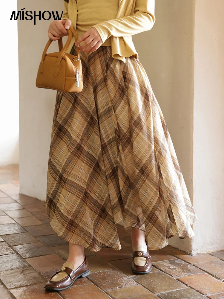 MISHOW Coffee Plaid Skirt 2025 Autumn Asymmetrical Hem Skirts Female Retro Side Zipper Commuting A-line Midi Skirt MXE42B2377