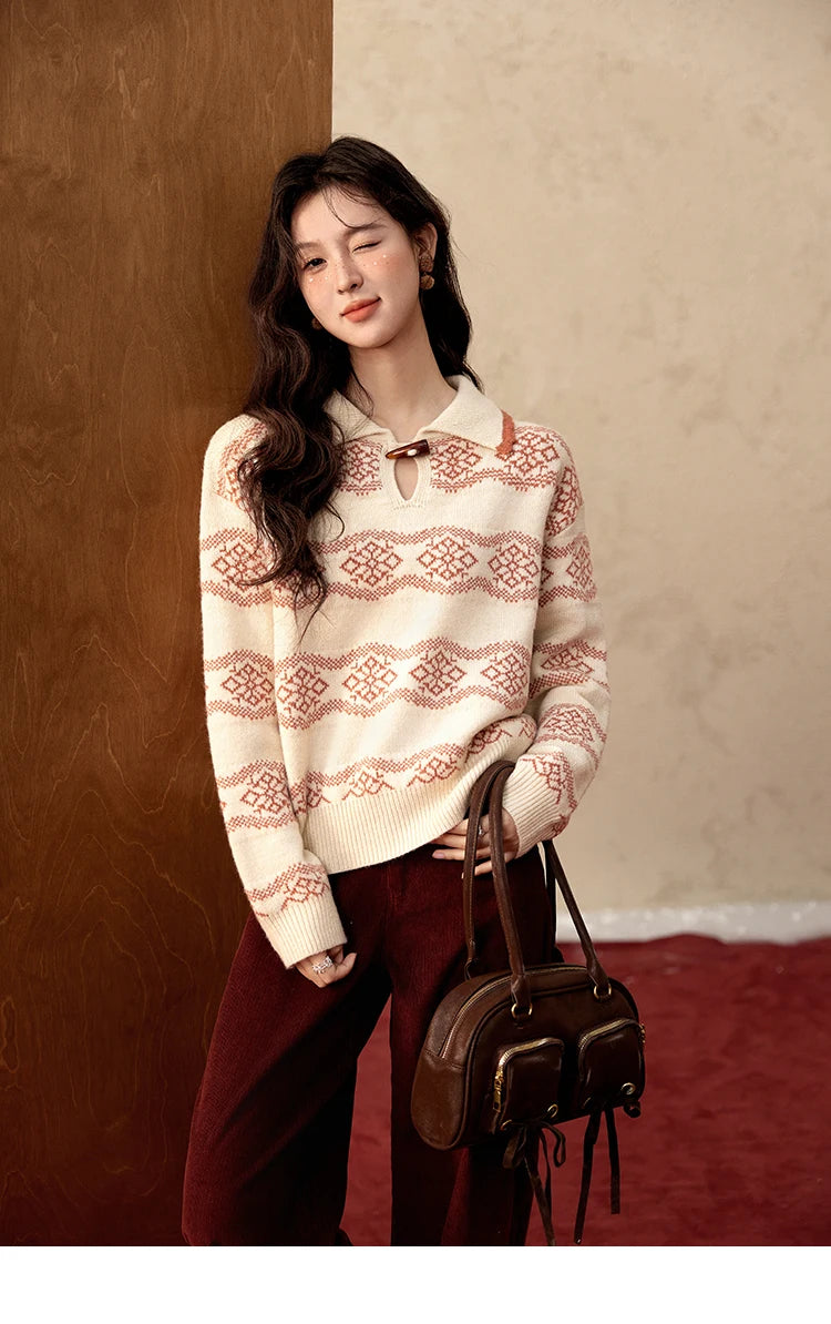 MISHOW Fair Isle Knitting Sweater Women Christmas Turn Down Collar Pullovers Versatile Soft Warm Office Lady Warm Top MXD59Z1042