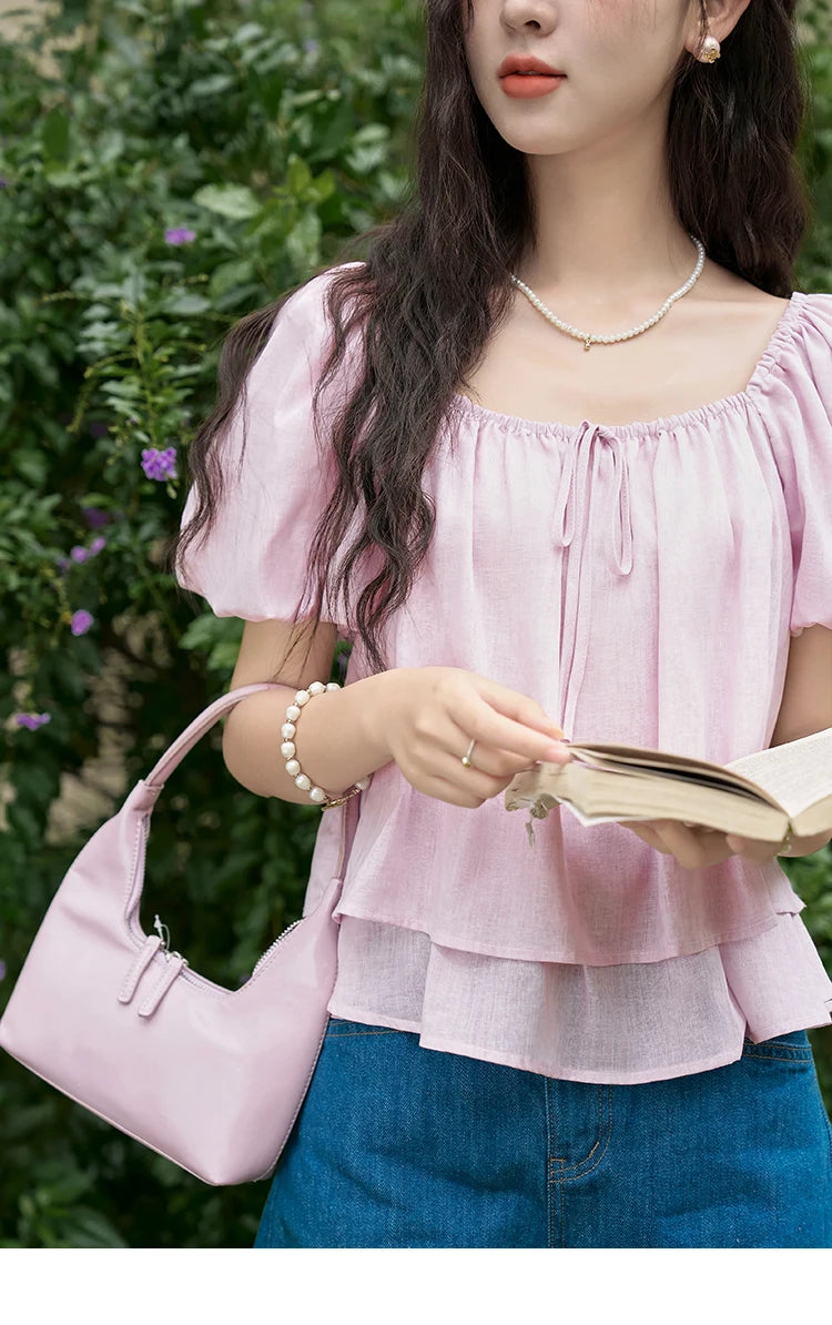 MISHOW French Square Neck Tied Lantern Sleeve Blouses 2025 Summer Double Layered Hem Puff Sleeve Solid Sweet Tops MXD26X1551