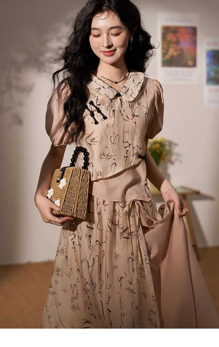 MISHOW Chinese Polo Neck Top Asymmetric Fork Skirt Separately Summer Floral Puff Sleeve Shirt High Waist A-line Skirt MXD22X1396