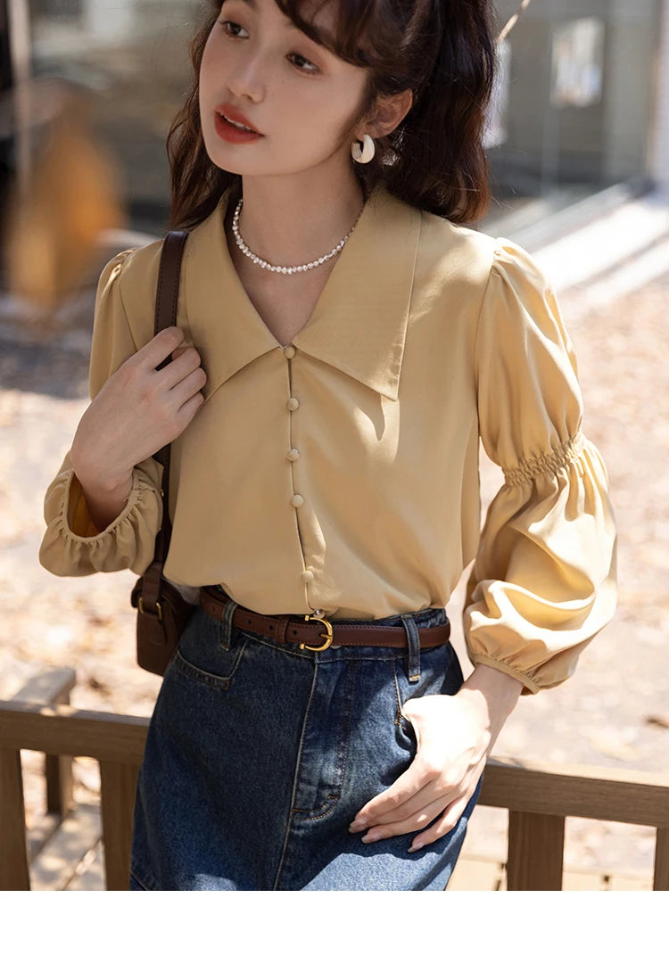 MISHOW Elegant Women's Blouse Autumn Vintage French Lantern Sleeves Turndown Collar Shirt Office Lady Female Clothing MXB32C0508