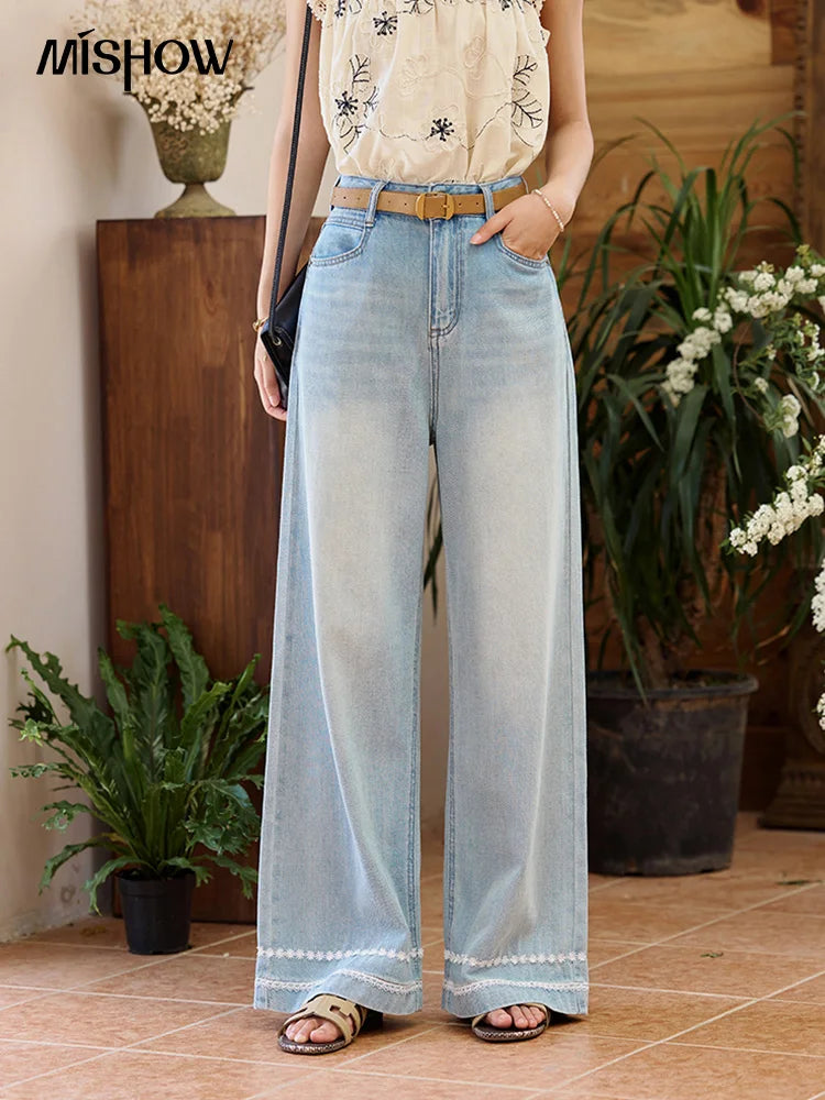 MISHOW Denim Blue Lace Straight Leg Pants for Women Summer 2025 High Waist Trousers 100 Cotton Casual Wide Leg Jeans MXE35K0947
