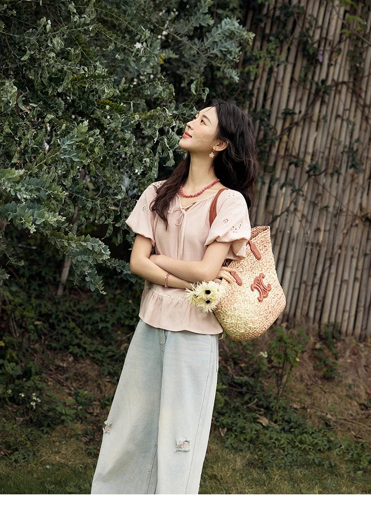 MISHOW French Summer Blouse Women 2025 Short Puff Sleeve Round Neck Solid Hollow Embroidery Shirts Woman Holiday Thin MXE31X1747