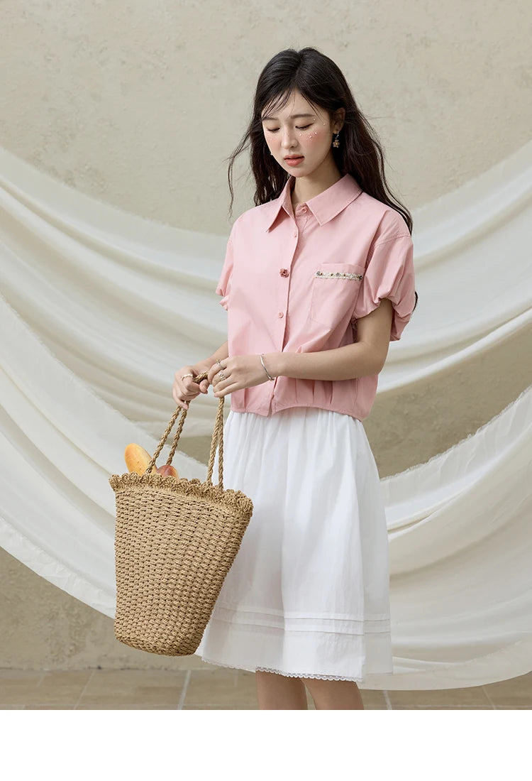 MISHOW Casual Summer Blouses Women 2025 New Short Puff Sleeve Turn Down Collar Shirt Female Fashion Shell Ribbon Tops MXE33C0773