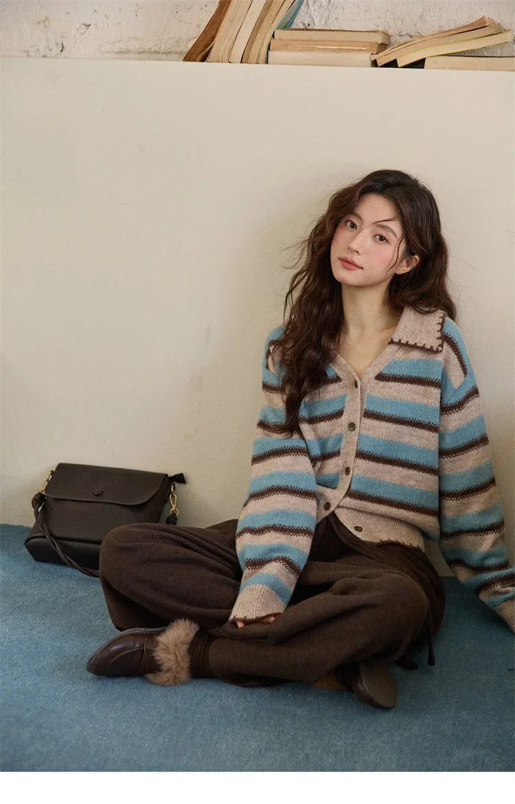 MISHOW Striped Cardigan for Women 2025 Winter Retro Unique Design V-neck Single-breasted Sweater Wool Long Sleeve Top MXE87Z2681