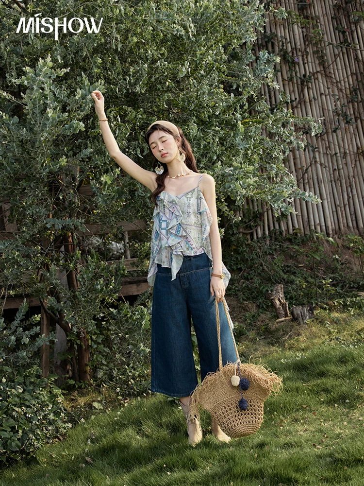 MISHOW Holiday Summer Camisole Tops Women 2025 Plaid Ruffled Layer Chiffon Floral Slimming Top Woman New Fashion MXE33X1803