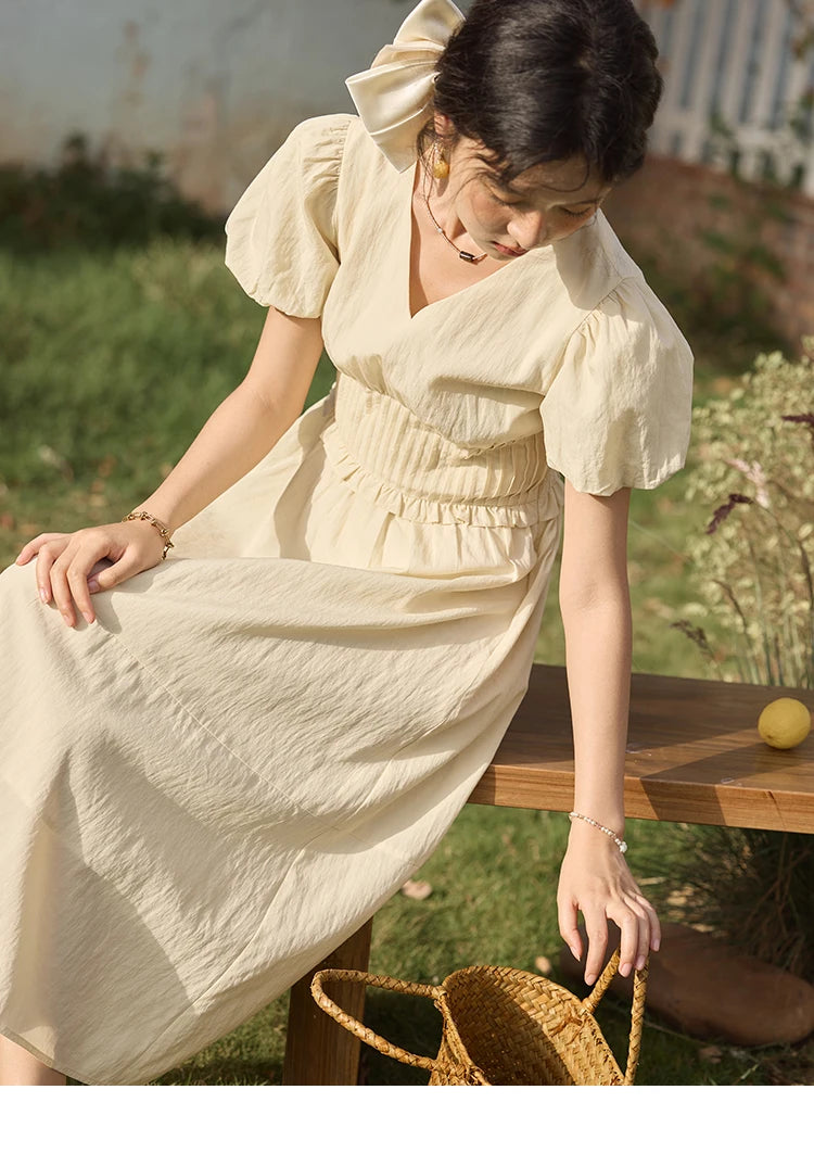 MISHOW French Summer Dresses Women 2025 New Short Puff Sleeve V-neck Solid Cotton Blended Dress Female Slimming MXE34L2288