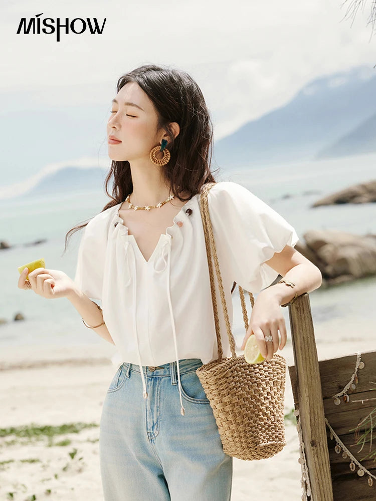 MISHOW Solid French Summer Blouses Woman 2025 New Short Puff Sleeve V-neck Beaded Retro Shirts Women Fashion Tops MXE33X1757
