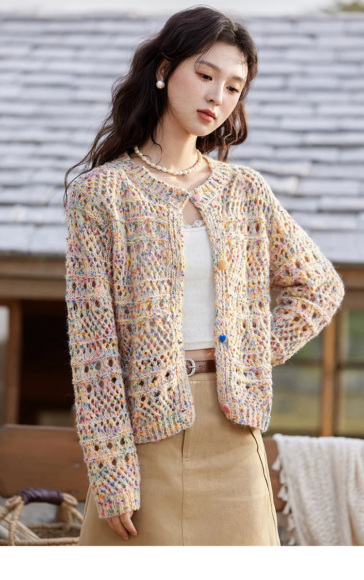 MISHOW Women's Sweet Woven Hollow Knitted Cardigan 2025 Spring Rainbow Button Single Breasted Top O-neck Cardigan MXE13Z1110