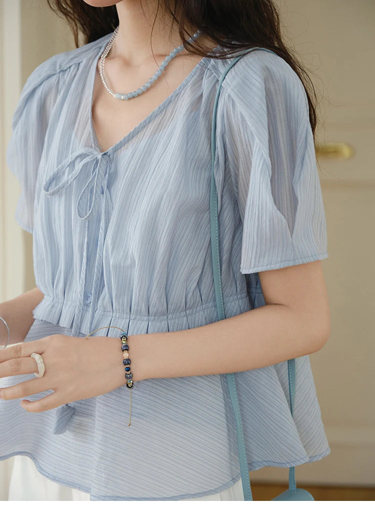 MISHOW Women's Fashion V-neck Blouse Summer 2025 New Splicing Button Commut Ladies Lace Up Casual Short Sleeve Top MXE34X1821