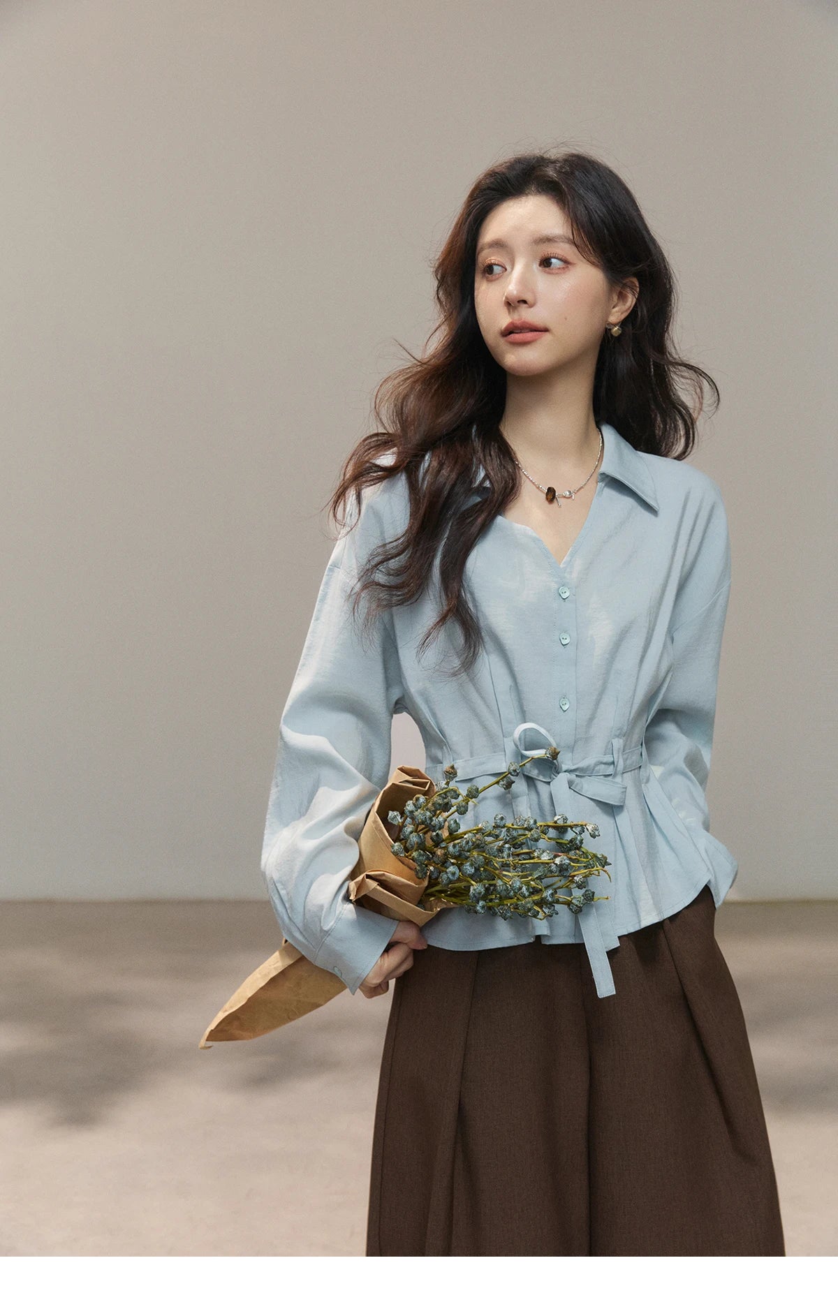 MISHOW Women's Light Blue Lyocell Shirt 2026 Spring Polo Neck V-neck Belted Waist Shirt Casual Peplum Long Sleeve Top MXF13C2437