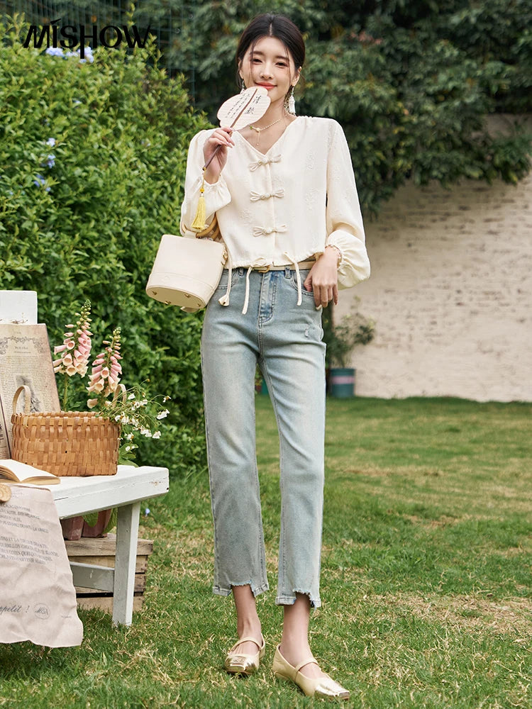 MISHOW Chinese Button Up Single Row Shirt for Women 2024 Spring Jacquard Hem Drawstring Puff Sleeve Solid Loose Top MXD14X1386