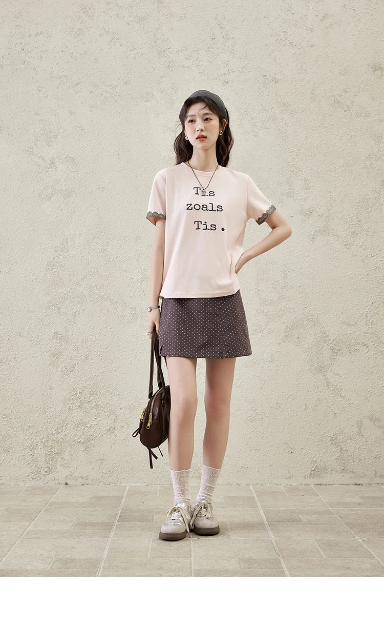 MISHOW Casual Pink Letter T-shrit Women Summer 2025 New Short Sleeve Round Neck Shirts Woman Fashion Lace Tops Lady MXE32T0529