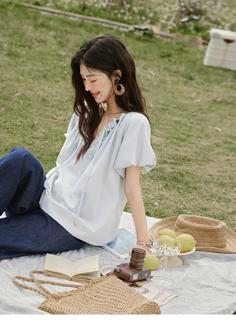 MISHOW Solid French Summer Blouses Woman 2025 New Short Puff Sleeve V-neck Beaded Retro Shirts Women Fashion Tops MXE33X1757