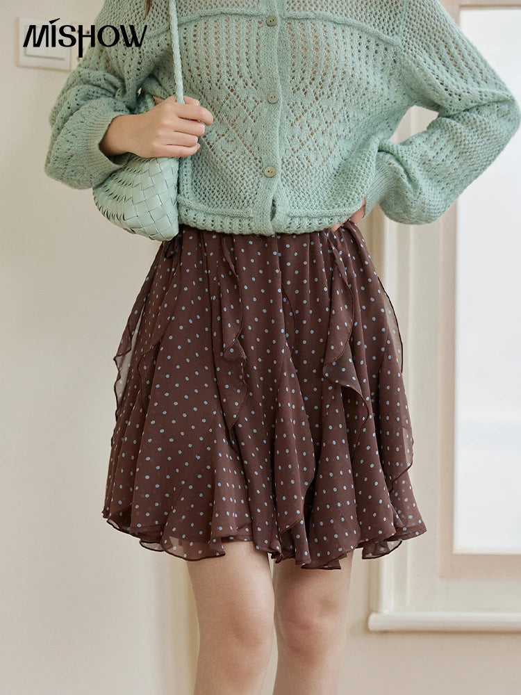 MISHOW Women's Brown Polka Dot Skirt Spring Irregular Ruffled Chiffon Elastic Waist Skirts Casual A-line Mini Skirt MXF13B2476