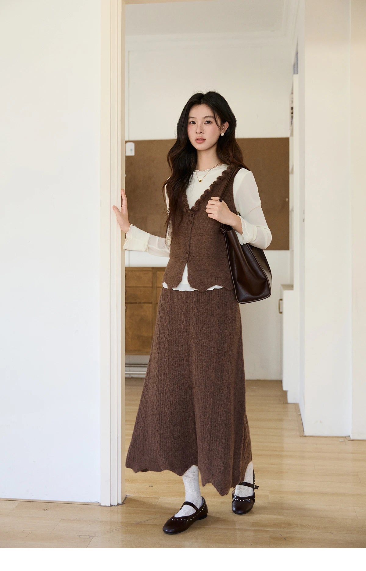 MISHOW Women's Brown Two-Piece Set 2026 Spring Knitted Vest V-Neck Cable Knit Maxi Skirt Casual Retro Warm Outfit MXF11T1460