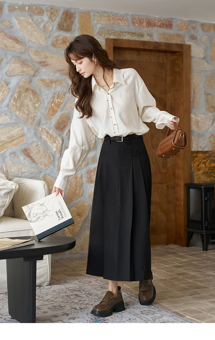 MISHOW Women's Midi Skirt 2023 Autumn Academy Pleated Commuter A-LINE Pockets Solid Split Back Hem Mid-Calf Skirts MXC42B0118