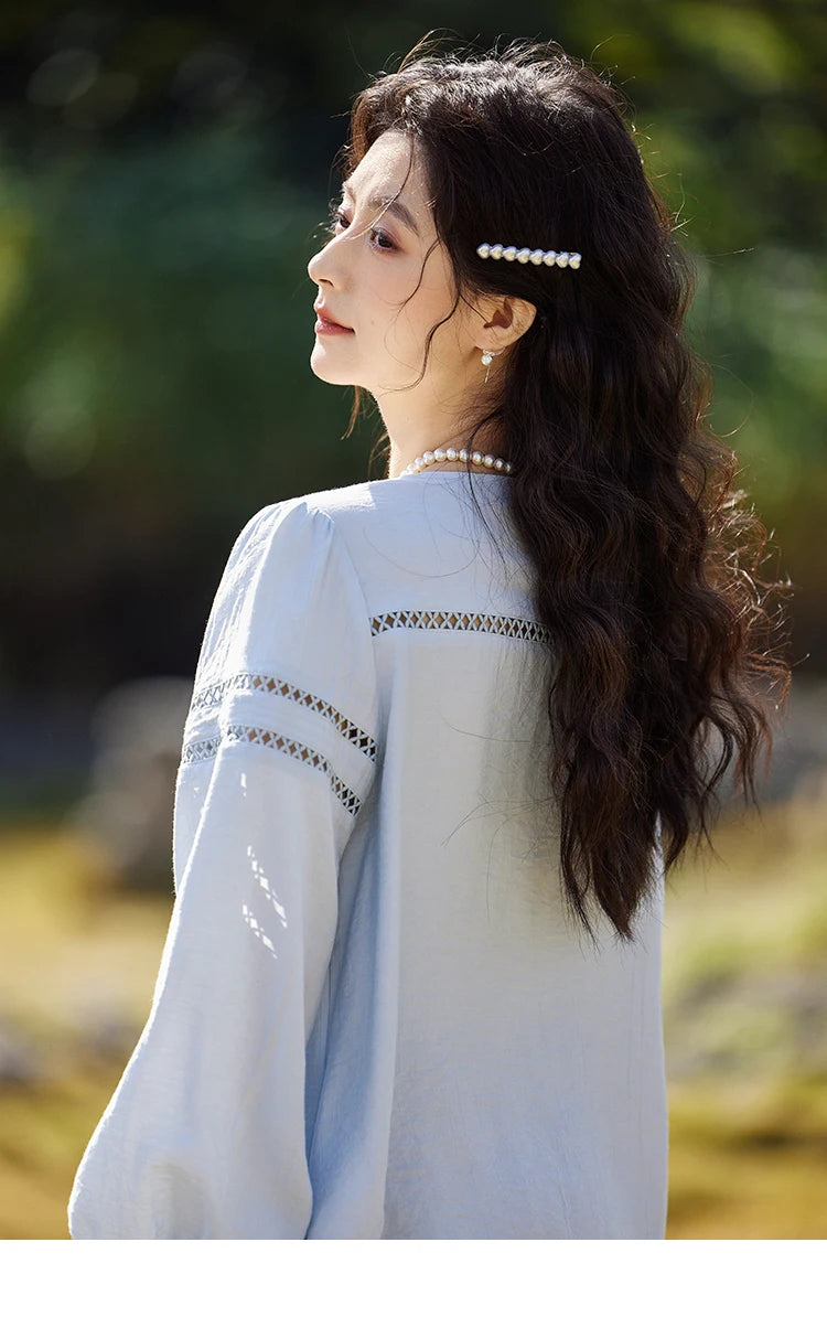 MISHOW French Sweet Loose Blue Shirt for Women 2025 Spring Summer V-neck Lace-up Hollow Doll Shirt Lantern Sleeve Top MXE12C0411