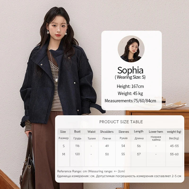 MISHOW Navy Blue Short Jacket for Women 2025 Autumn Winter Safari Style Stand Collar Epaulette Design Cuff Jacket MXE49W0901