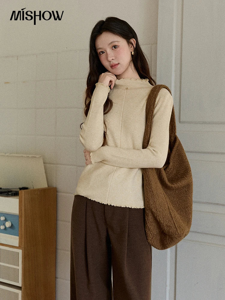 MISHOW Women's Knitted Long-Sleeved Top 2025 Winter Solid Slim Fit Ruffled Turtleneck Sweater Warm Soft Commuting Top MXE91Z2826