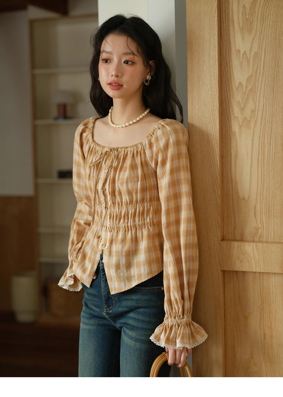MISHOW Yellow Plaid Blouse for Women 2025 Autumn Korean Waist Square Neck Top Cuff Patchwork Lace Puff Sleeve Blouses MXE43X1986