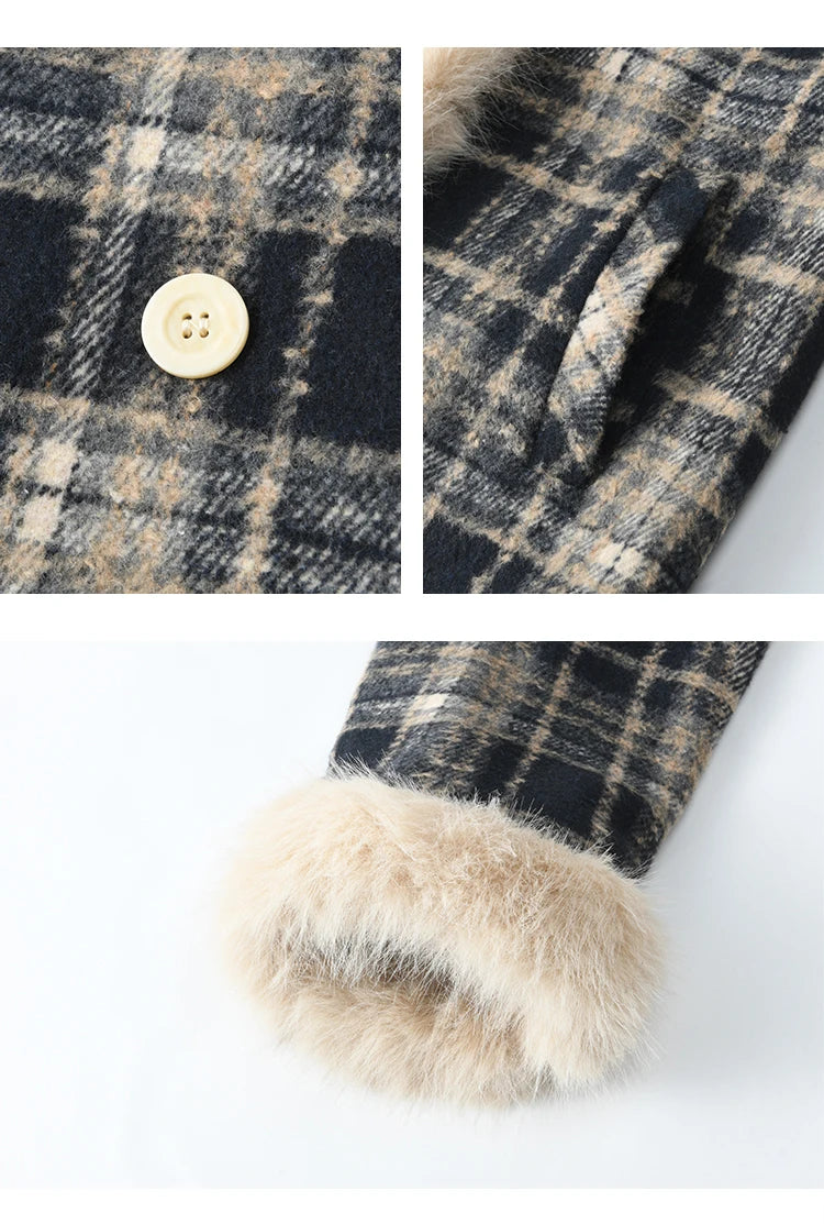 Mishow Vintage Plaid Fur Collar Stand Collar Jacket MXD36W0503