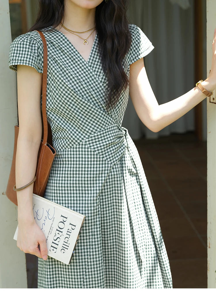 MISHOW Women's Fashion V-neck Dress 2025 Summer Office Lady Plaid Waist Cinched Sashes Short Sleeve Female Dresses MXE39L2410