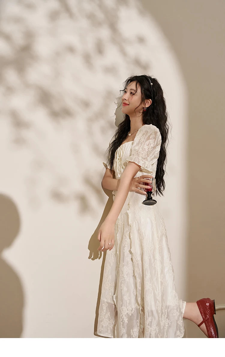 MISHOW Square Neck Vertical Stripe Ruffle Edge Dress 2025 Summer Tea Break French Bubble Sleeve Vacation Long Dresses MXD27L1808