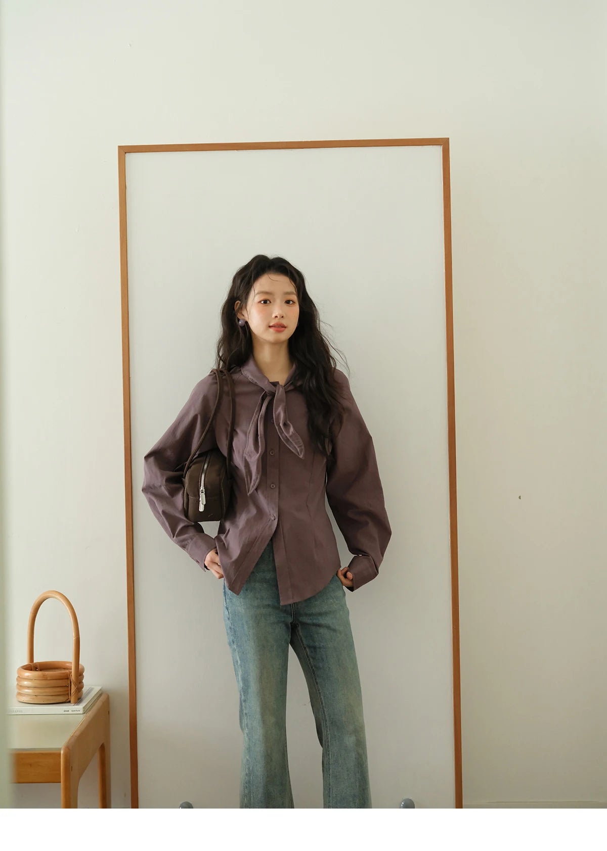 MISHOW Ash Purple Shirt Curved Hem Ribbon Neck Slim MXE42C2383