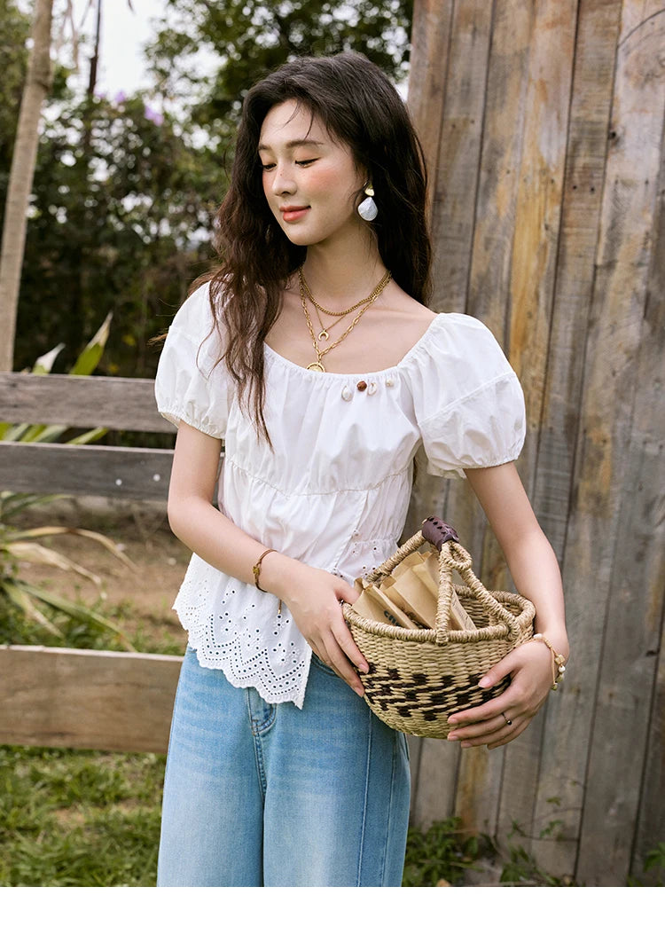 MISHOW French Summer Casual Blouses 2025 Solid Short Puff Sleeve Hem Hollow Cotton Tops Loose Collar Beading Blouse MXE33X1776