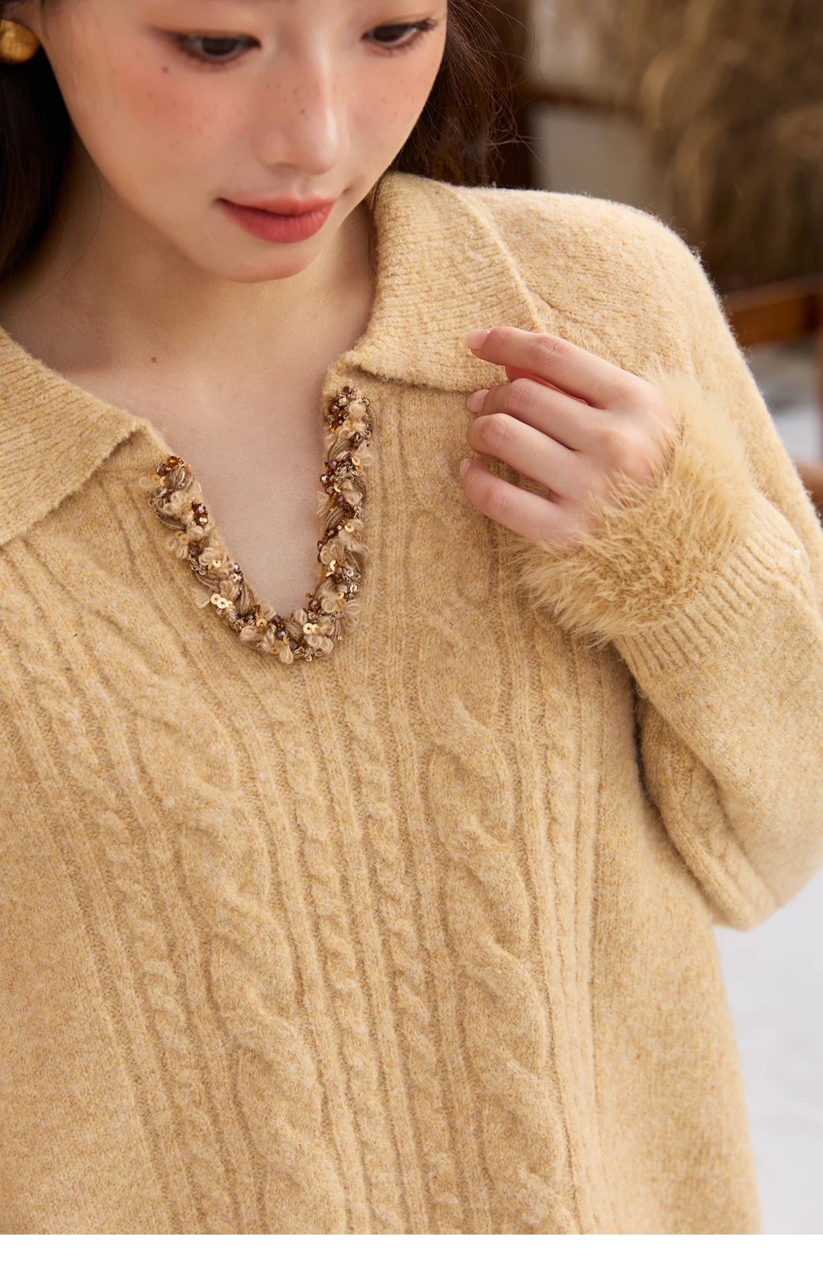 MISHOW Yellow Knitted Sweater for Women 2025 Winter New Long Sleeves Cable Plush Hem Stitching Casual Sweater Luxury MXE88Z2674