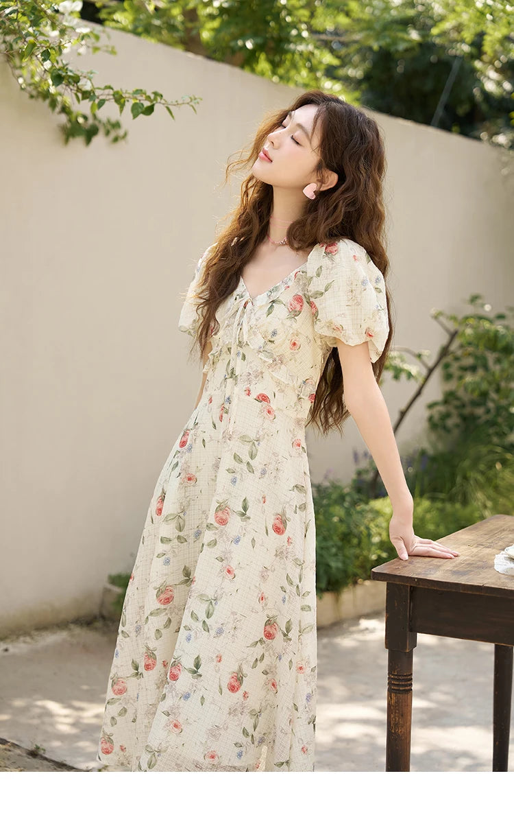 MISHOW Elegant Fairycore Floral Dresses for Women 2023 Summer French A-line Ruffles V-neck Puff Sleeve Sweet Dress MXC33L1465