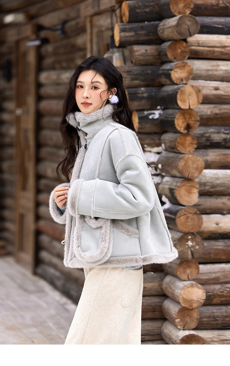 MISHOW Leather Fur Coat Fur Collar with Bag Women Winter Clothes Suede Plush Jacket Pocket Soft Thickened Warm Tops MXD57W0737