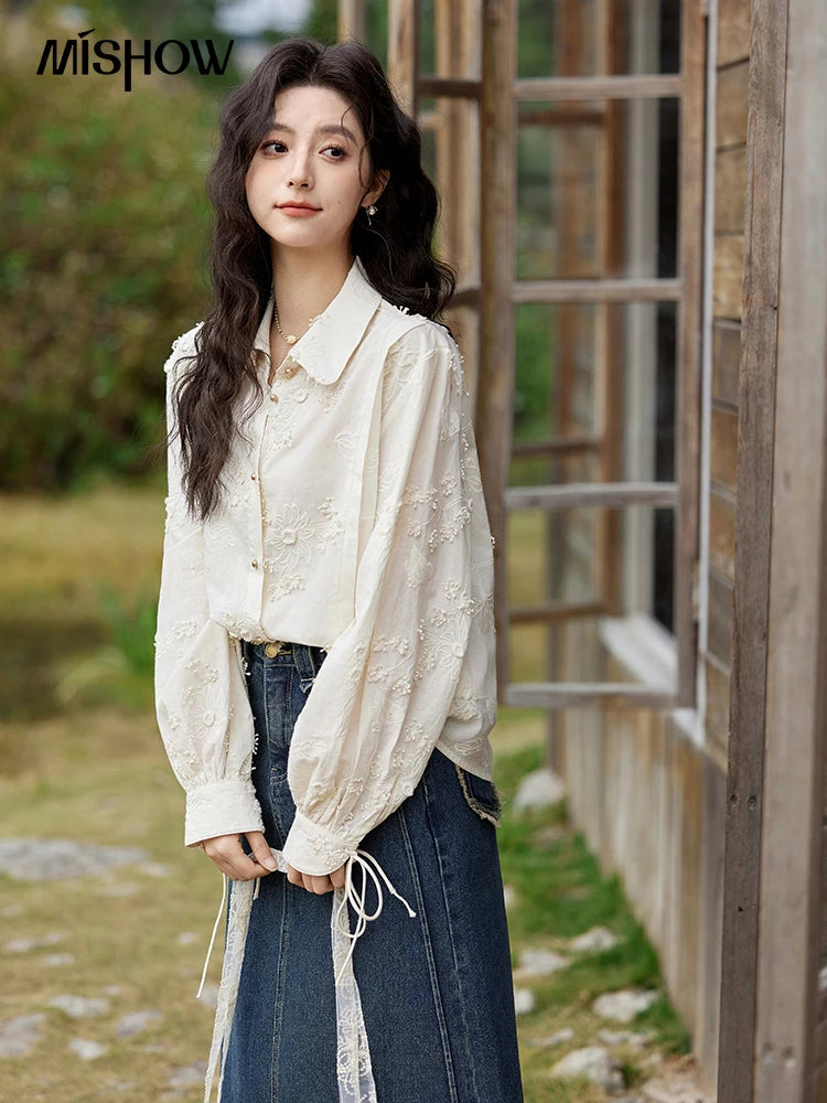 MISHOW 100Cotton Embroidered Jacquard Shirt for Women Spring 2025 Long Sleeved Loose Top Lapel Single Breasted Shirts MXE12C0391