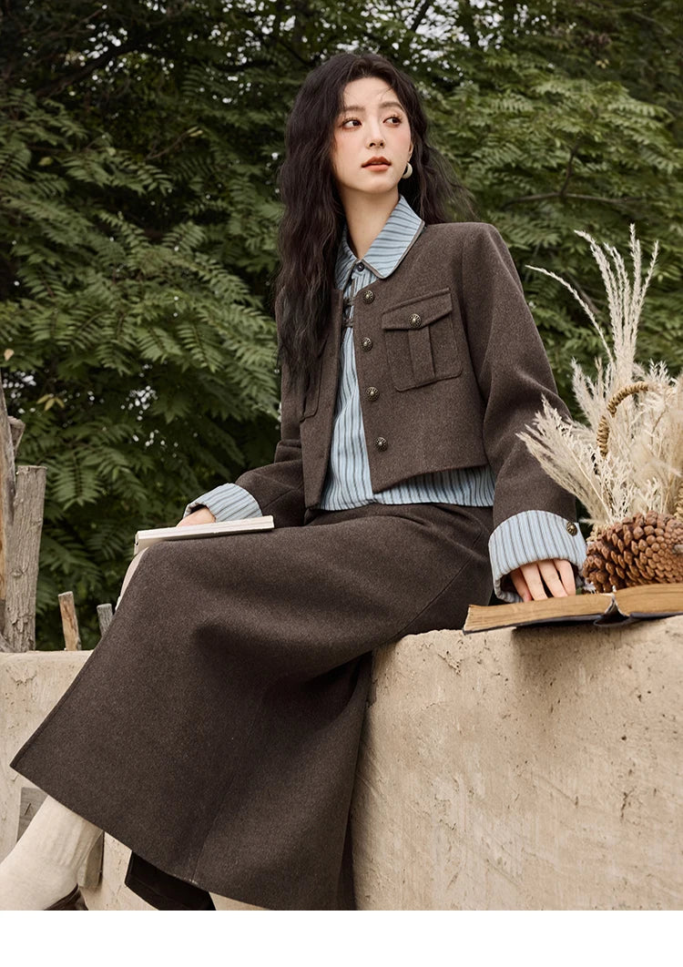 MISHOW Plaid Tweed Skirt Long-sleeved Jacket Long Skirt Separately Winter 2024 Korean O Neck Coat Front Slit Skirt MXD43W0445